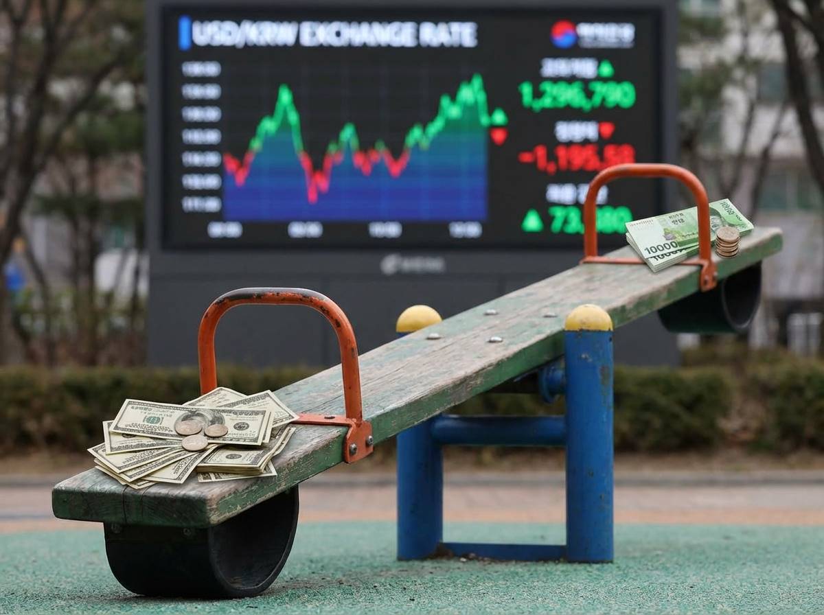 달러 화폐와 원화 화폐가 시소에 놓여 있고 달러 쪽으로 기울어진 모습