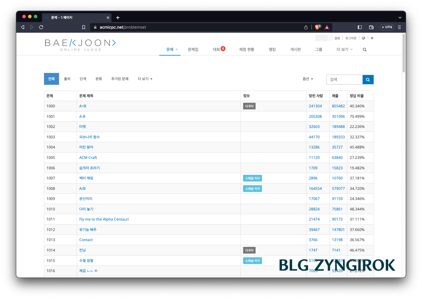 백준 온라인 저지 문제 리스트 모습이다.