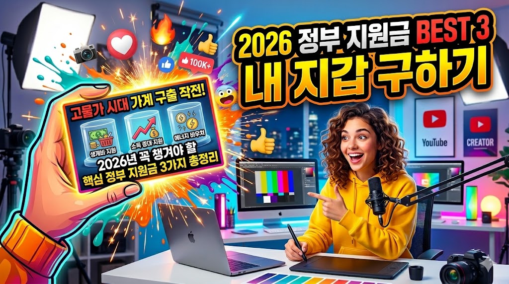 짙은 푸른색과 황금색 배경에 '2026 정부 지원금 TOP 3 완벽 정리'라는 대형 문구와 화살표 그래픽이 들어간 눈에 띄는 정보성 유튜브 스타일 썸네일