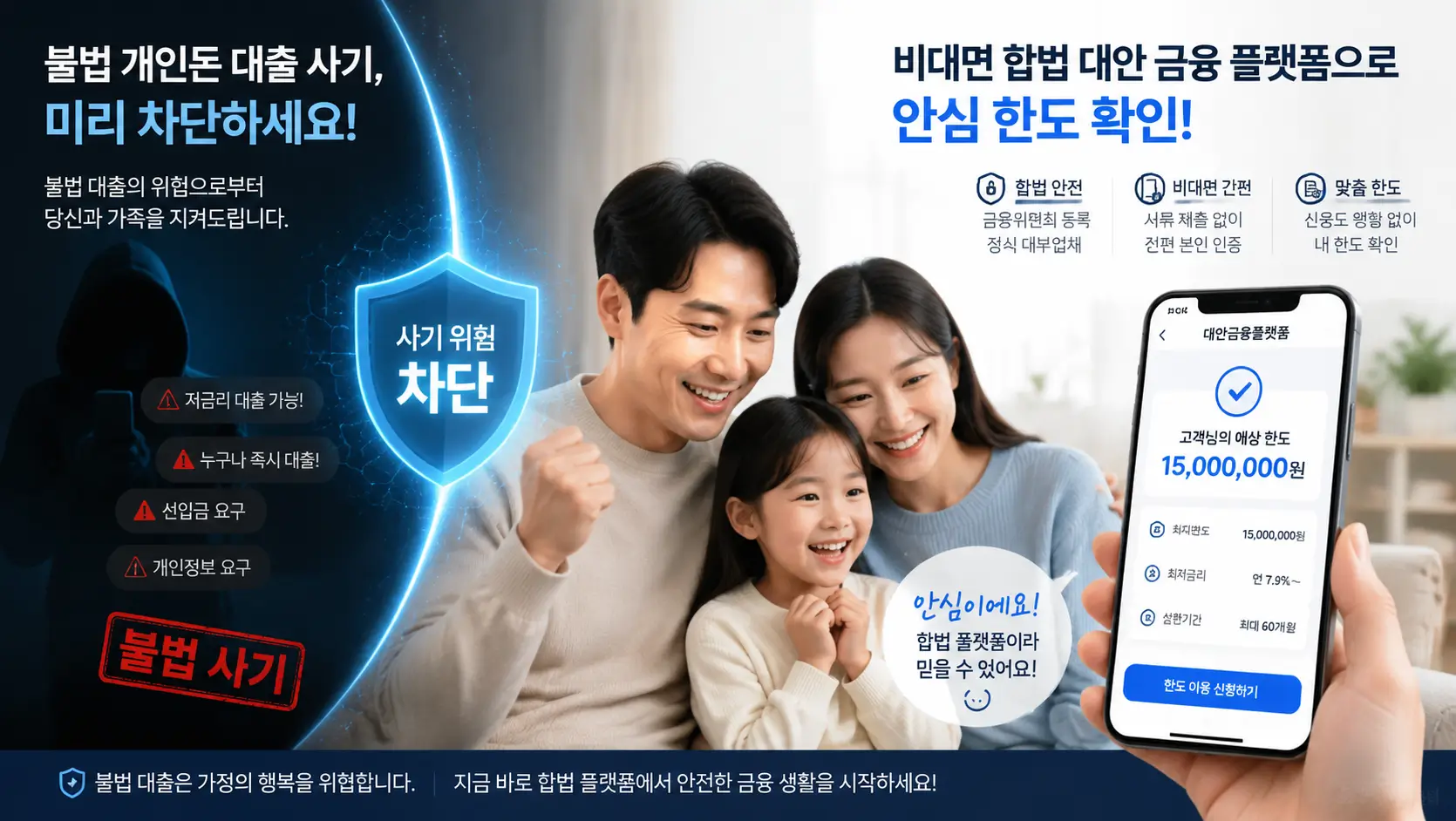 불법 개인돈 대출 사기 위기를 선제적으로 차단하고 비대면 합법 대안 금융 플랫폼으로 한도를 확인하여 안도하는 가장