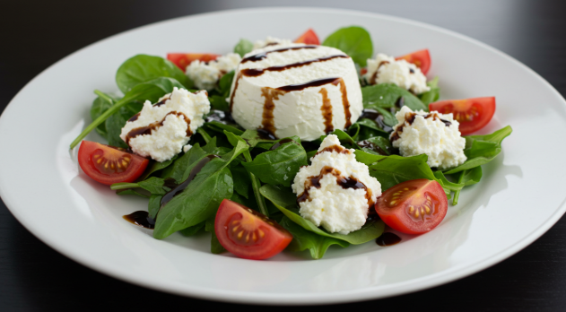 접시에 리코타 치즈 샐러드 놓여 있다.