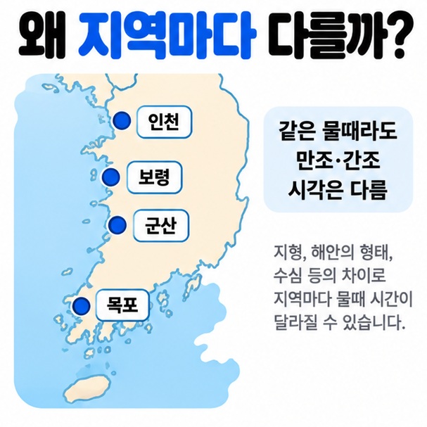 서해안 지역마다 만조 간조 시간이 다르므로 가까운 예보지점을 선택해야 한다는 카드뉴스
