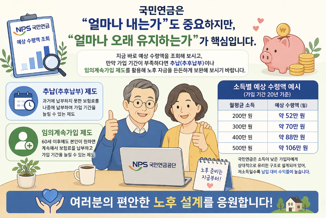 국민연금 유지 중요성 추납 임의계속가입 예상 수령액 인포그래픽