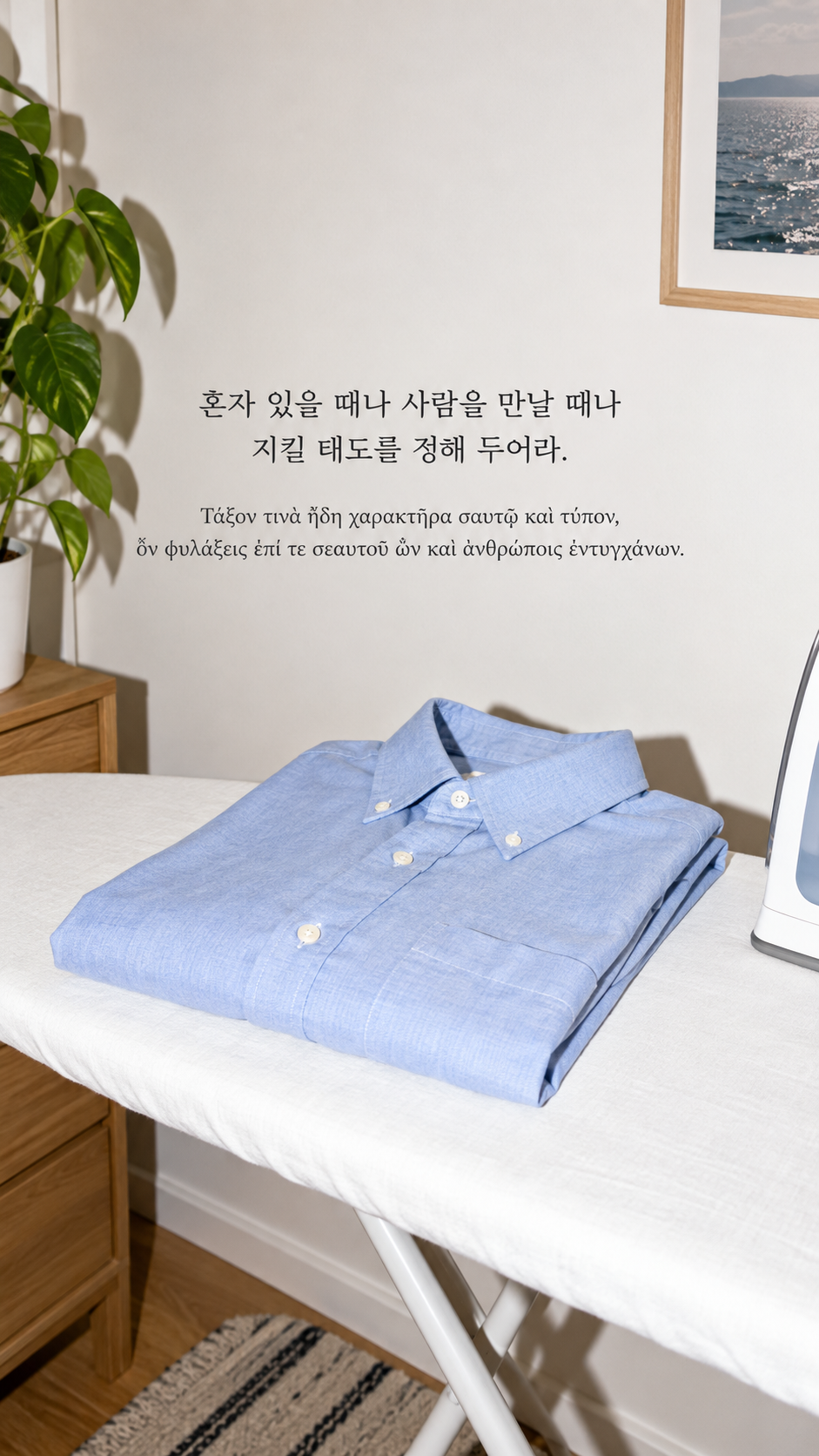 에픽테토스 명언 19 혼자 있을 때나 사람을 만날 때나 지킬 태도를 정해 두어라. — 다리미판 위 가지런한 파란 셔츠