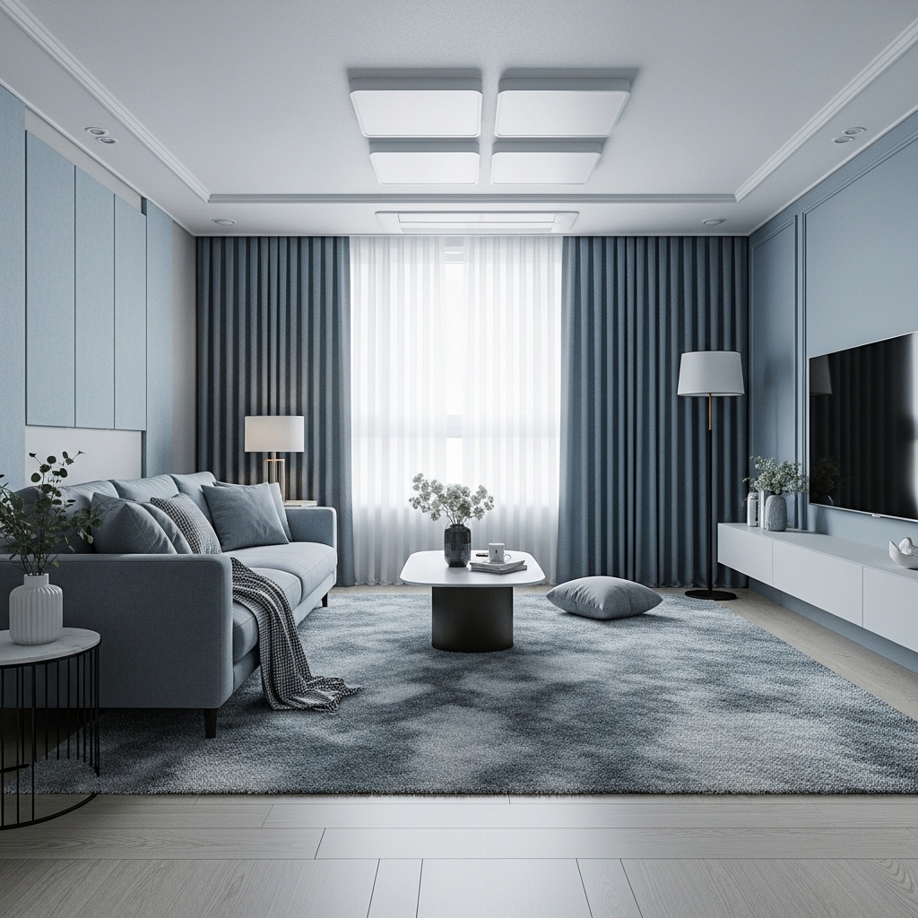 신혼부부를 위한 30평대 아파트 거실의 층간 소음 저감 인테리어. 두꺼운 러그, 흡음 패널, 패브릭 소파가 조화로운 아늑하고 조용한 분위기.