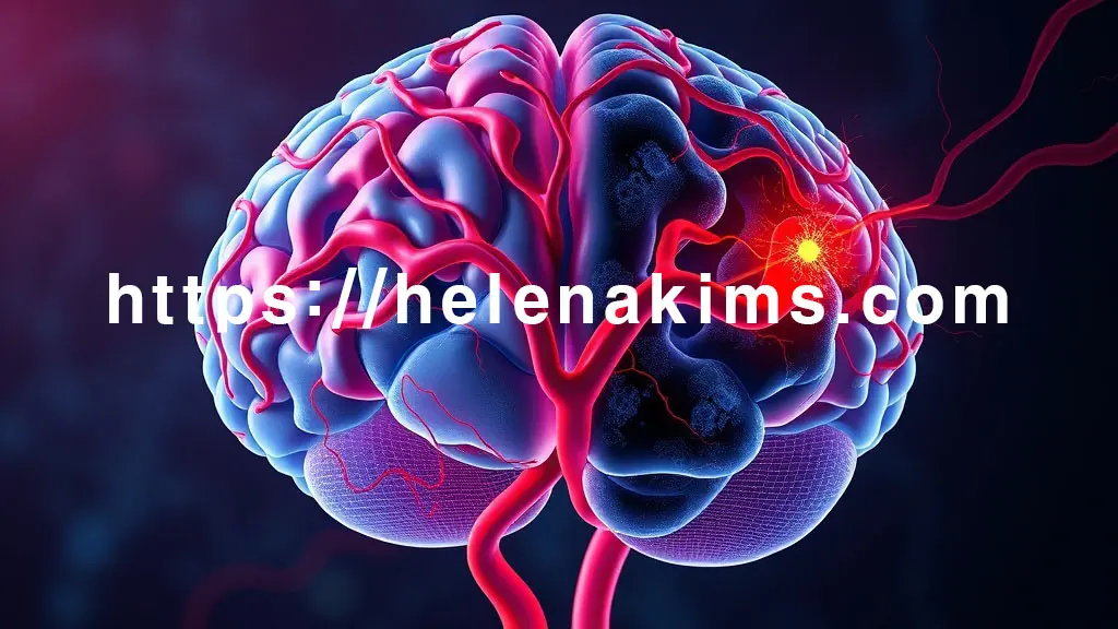 인간 뇌의 혈관을 투명하게 보여주는 모습. 뇌의 한쪽은 혈류가 원활하고 건강한 상태를, 다른 쪽은 혈관이 혈전으로 막혀 뇌 조직 일부가 어둡게 변색되거나 손상된 모습.