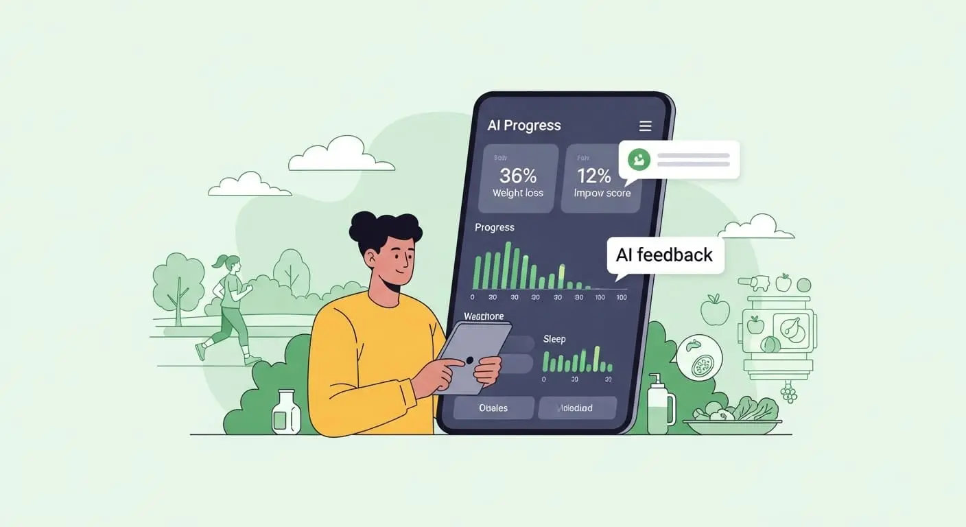 AI 건강 앱 대시보드를 확인하며 건강 관리 성과에 만족하는 사람. 긍정적인 변화를 보여주는 차트와 AI 피드백 메시지가 표시됩니다.
