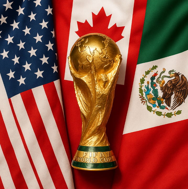 미국, 캐나다, 멕시코 국기와 월드컵 트로피 이미지