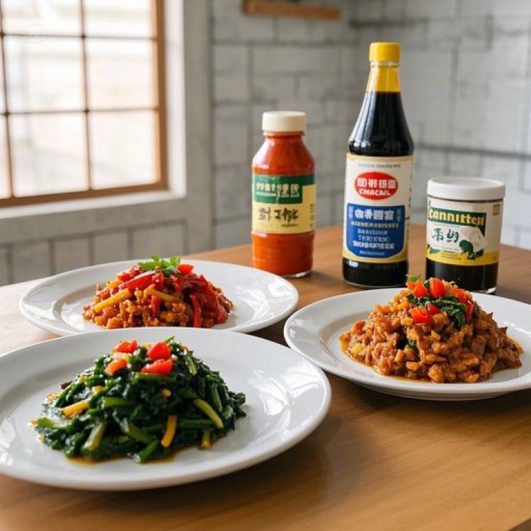 "세 개의 하얀 접시에 각각 된장, 고추장, 간장으로 무친 취나물이 정갈하게 담겨있고, 배경에는 각 양념의 재료들(된장통, 고추장통, 간장병)이 은은하게 배치된 모습. 자연광이 들어오는 깔끔한 주방 분위기"