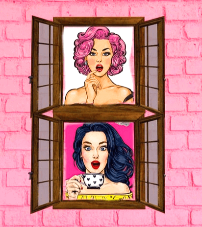 분홍색 벽돌집에 위 아래로 갈색 창문이 있다. 아래층 열린 창문 안에선 검정머리 여자가 차를 마시고, 윗층 열린 창문 안에는 분홍색 단발머리 여자가 입을 벌리며 놀란 표정이다.