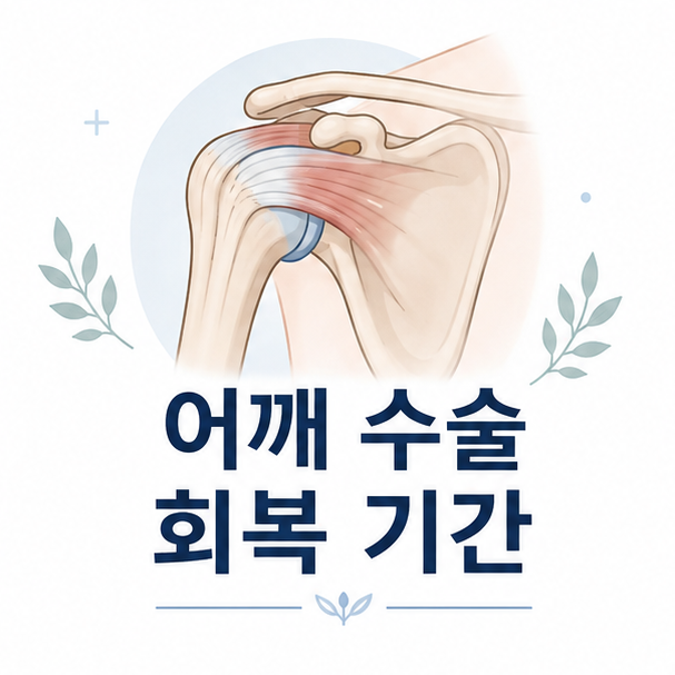 어깨 관절과 회전근개 구조를 보여주는 어깨 수술 회복 기간 안내 이미지