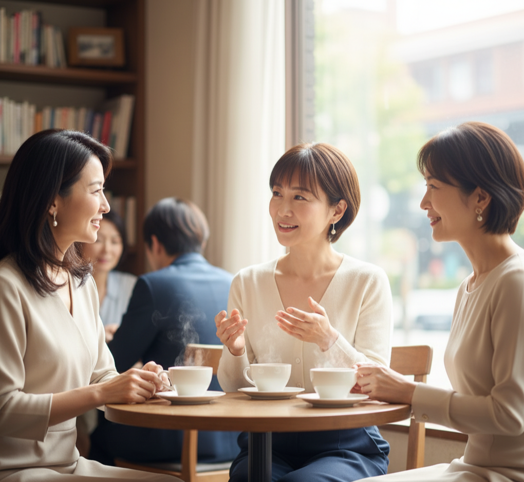 부드러운 미소로 차를 마시며 대화하는 중년 여성, 따뜻한 분위기 속 품격 있는 이미지