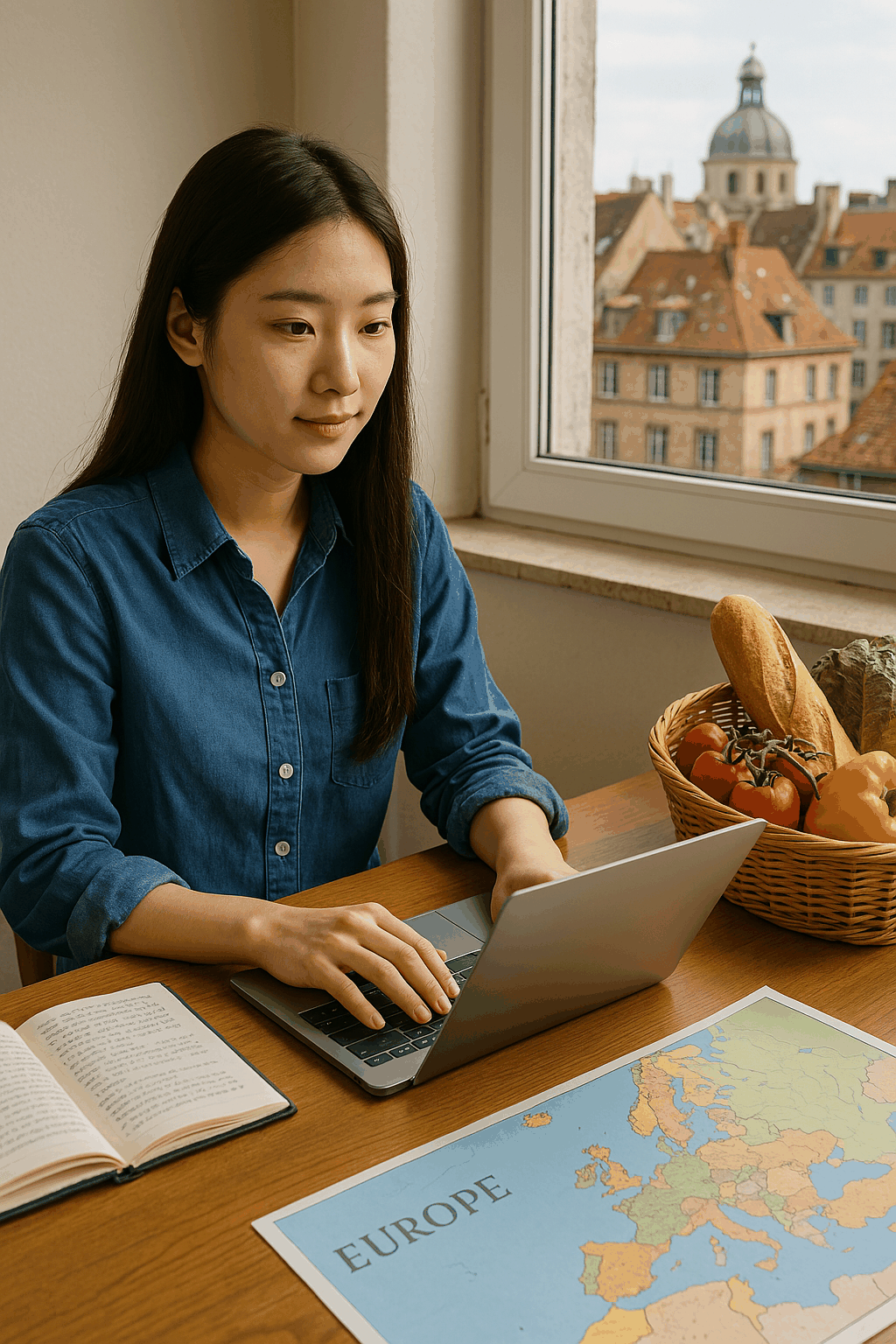 유럽 도시 풍경을 배경으로 한 동양인 대학생이 노트북과 여행용 소품들 앞에서 여행 계획을 세우는 모습
