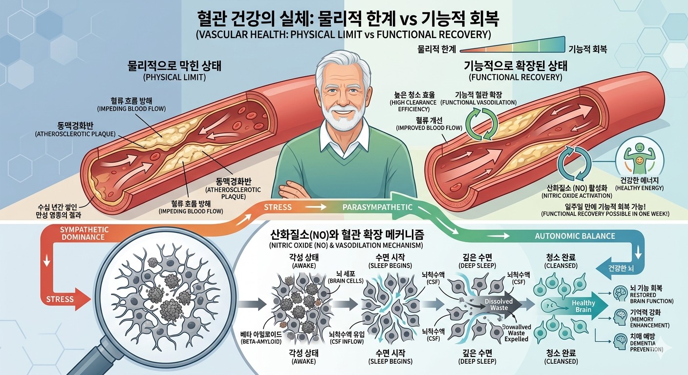 물리적으로 막힌 상태'와 '기능적으로 확장된 상태'*의 차이를 보여주는 이미지입니다. 딱딱한 플라크는 그대로여도 산화질소(NO)를 통해 혈관 근육이 이완되어 통로가 확보되는 원리를 시각화한 이미지
이미지 출처: Gemini AI 생성