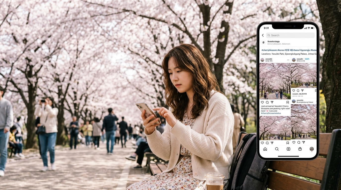 인스타그램 해시태그와 위치 태그를 이용해 벚꽃 개화 상태를 교차 검증하는 모습