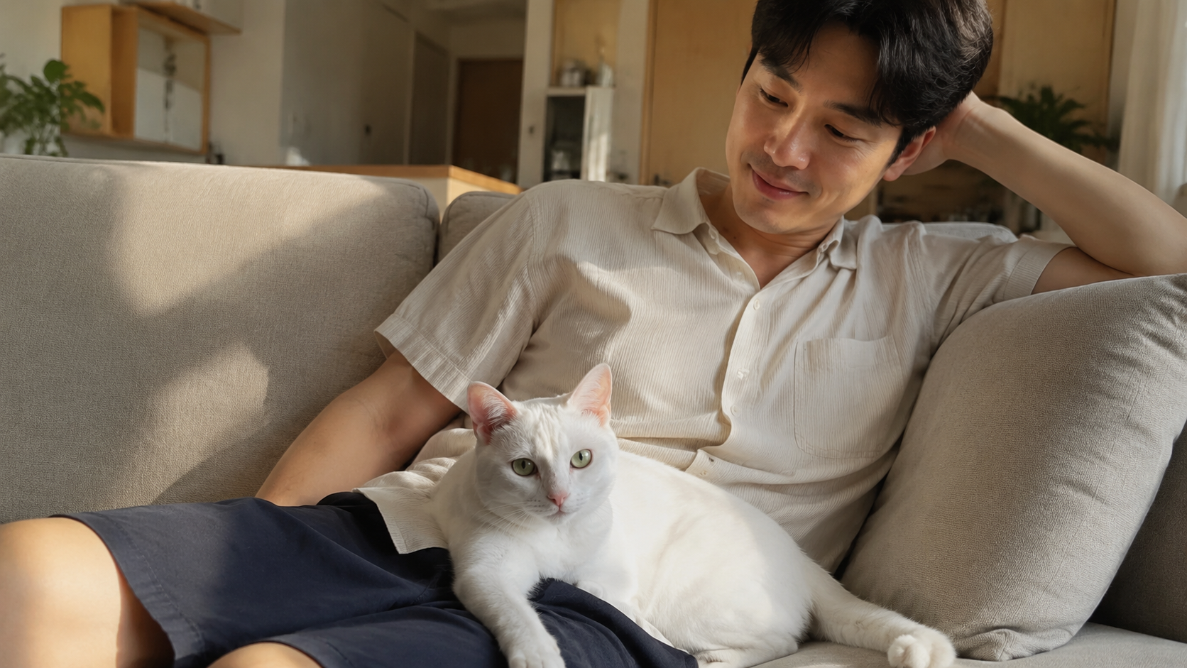 소파에서 흰 고양이와 나란히 쉬는 편안한 오후