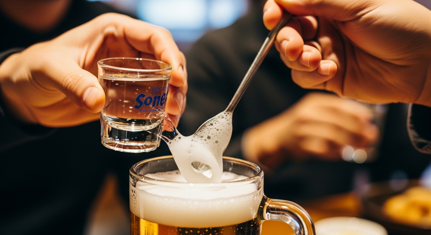 Hands demonstrating the making of Somaek, a Korean mixed drink of soju and beer, with a frothy head.