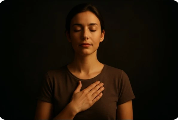 눈을 감고 손을 가슴에 올려 깊게 호흡하는 모습