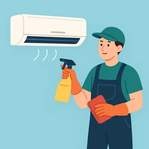 스프레이와 스펀지를 들고 에어컨을 청소