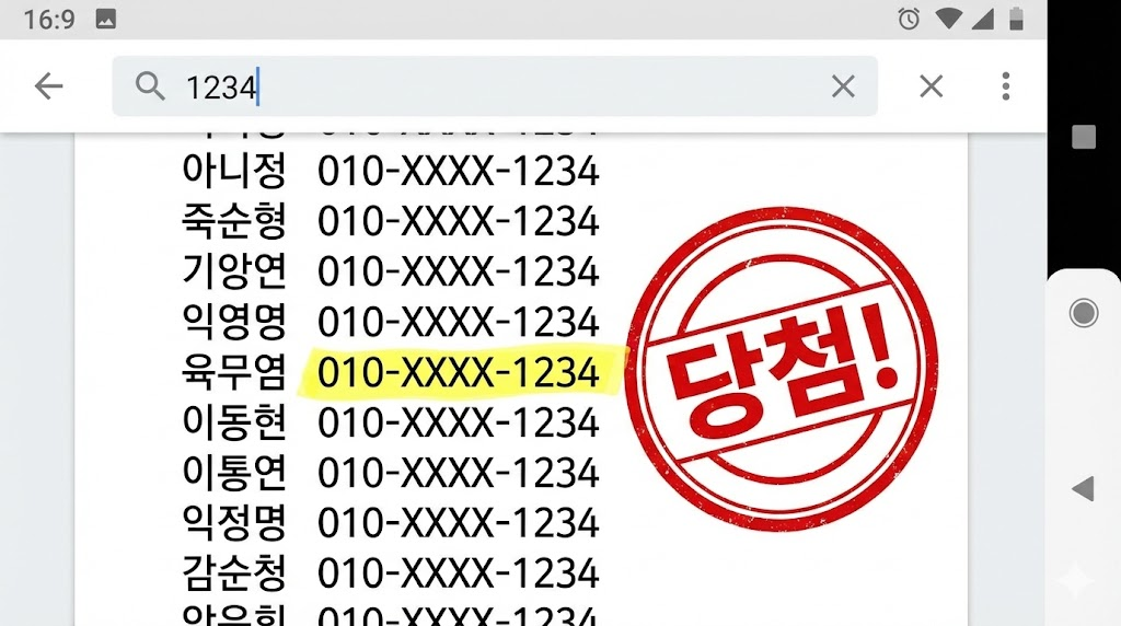 PDF 당첨자 명단에서 휴대폰 번호 뒷자리로 검색하여 당첨을 확인하는 화면