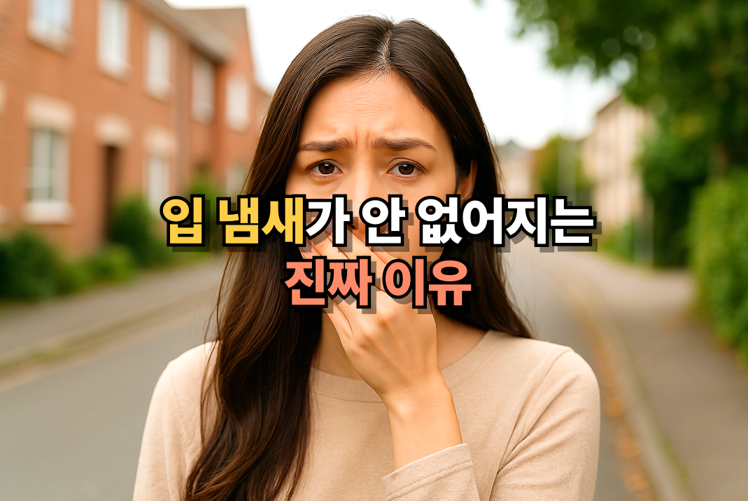 입 냄새 걱정에 당황한 표정으로 입을 가린 젊은 여성 - 입 냄새의 진짜 이유를 궁금하게 만드는 이미지