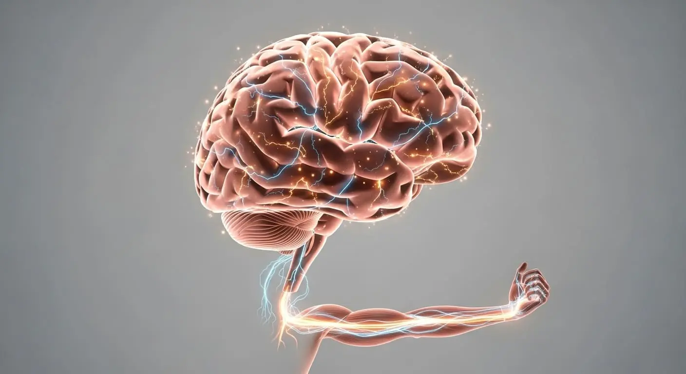 운동선수가 완벽한 경기를 상상하며 뇌의 신경 회로가 활성화되고 근육 신호로 연결되는 모습을 보여주는 이미지.