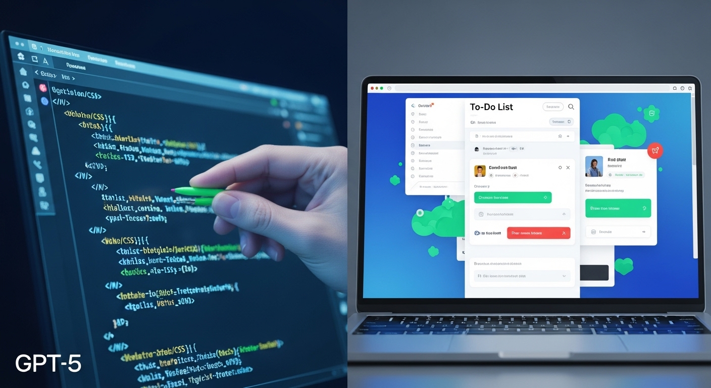 LM 아레나의 AI가 생성한 깔끔한 웹 개발 코드와 이를 통해 실제로 작동하는 인터랙티브 할 일 목록 웹 페이지를 보여주는 이미지. 코딩 지식 없이도 웹 개발이 가능함을 강조한다.