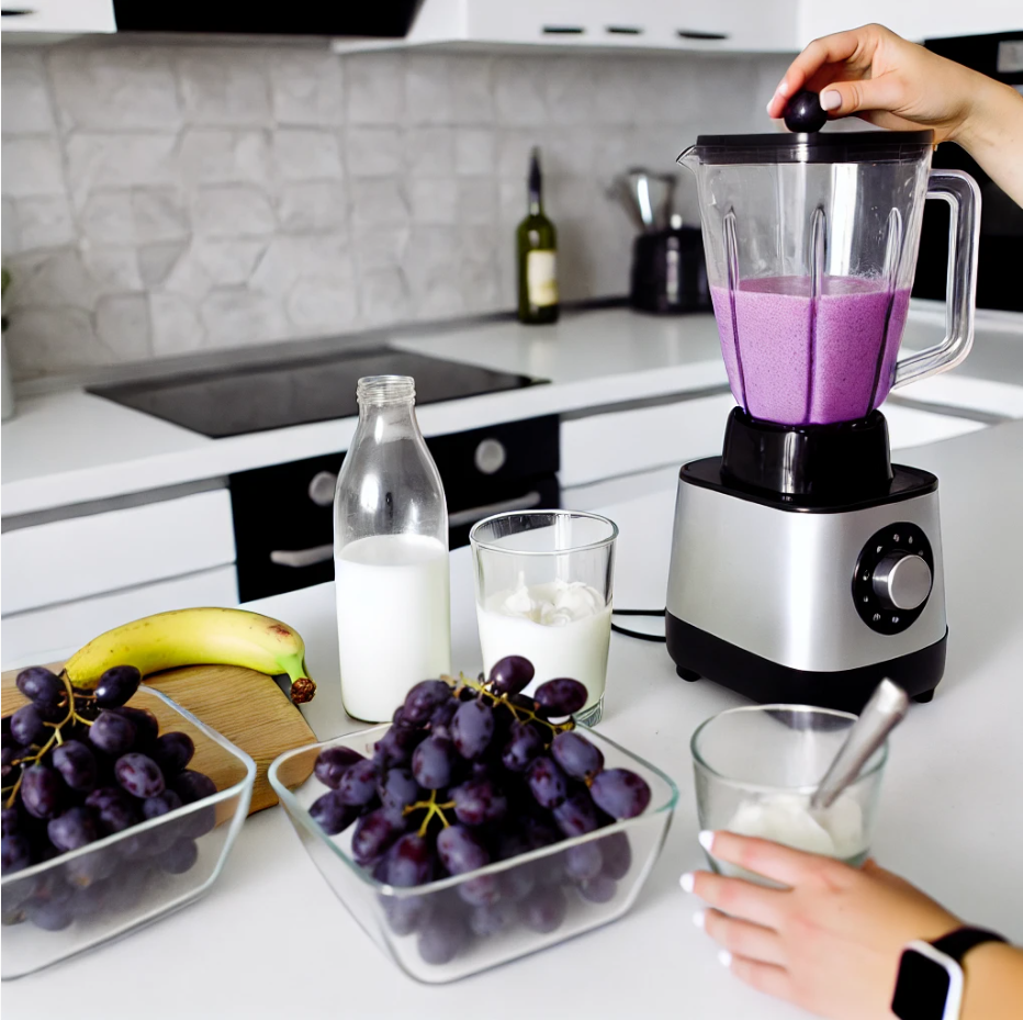 포도, 바나나, 우우 를 블렌더에 넣고 블렌딩하고 있다