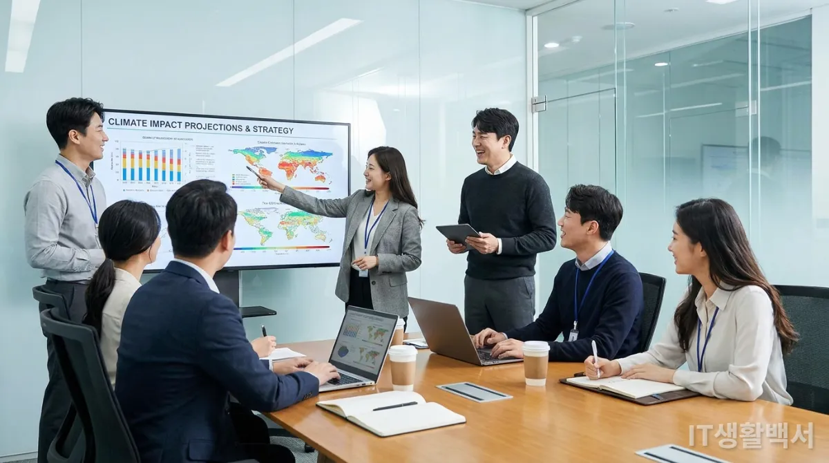 친환경 IT 기술 적용 방안을 논의하는 한국인 전문가들의 회의 모습