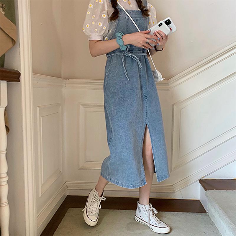 트임 롱 데님 멜빵 스커트