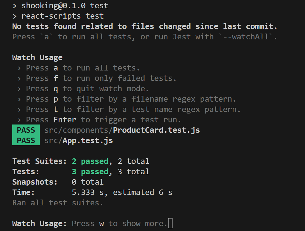 Jest 테스트가 성공적으로 통과된 터미널 화면