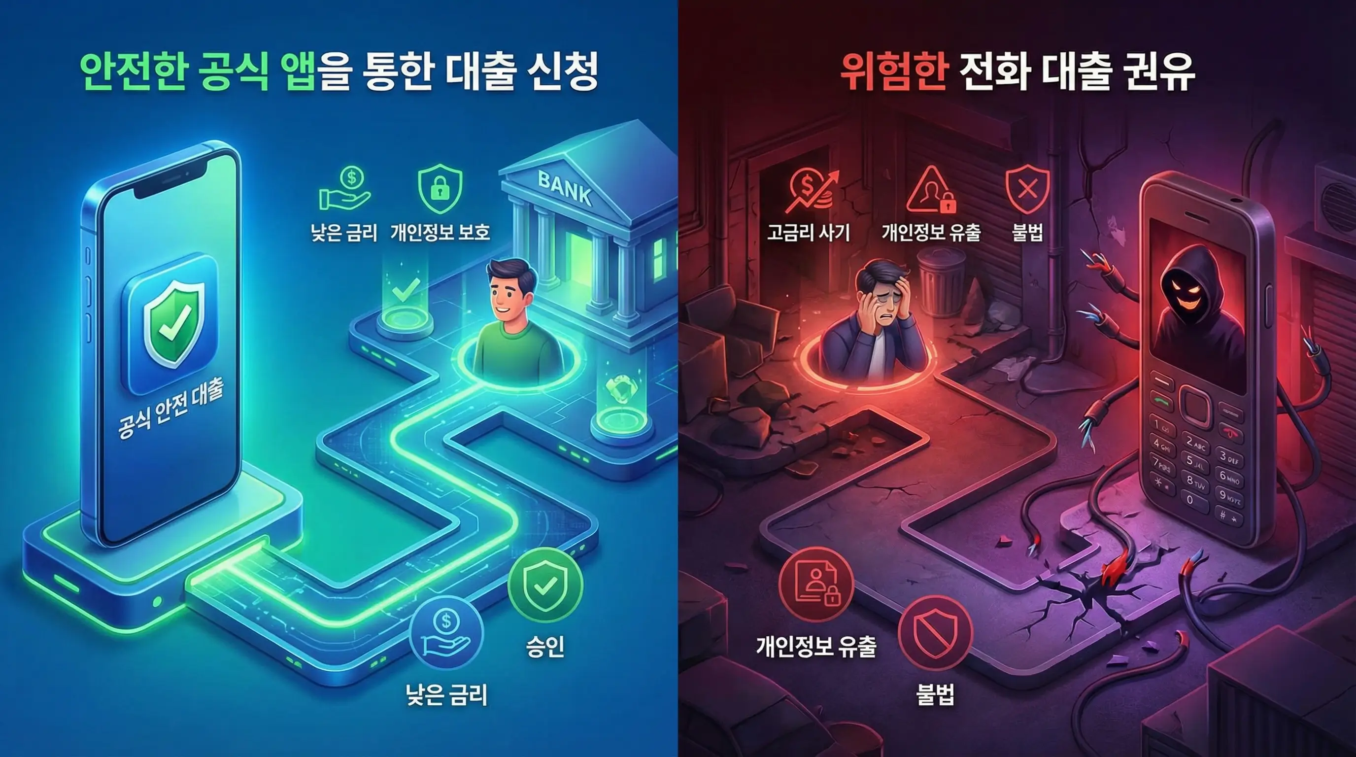 안전한 공식 앱을 통한 대출 신청과 위험한 전화 대출 권유를 비교하는 3D 인포그래픽