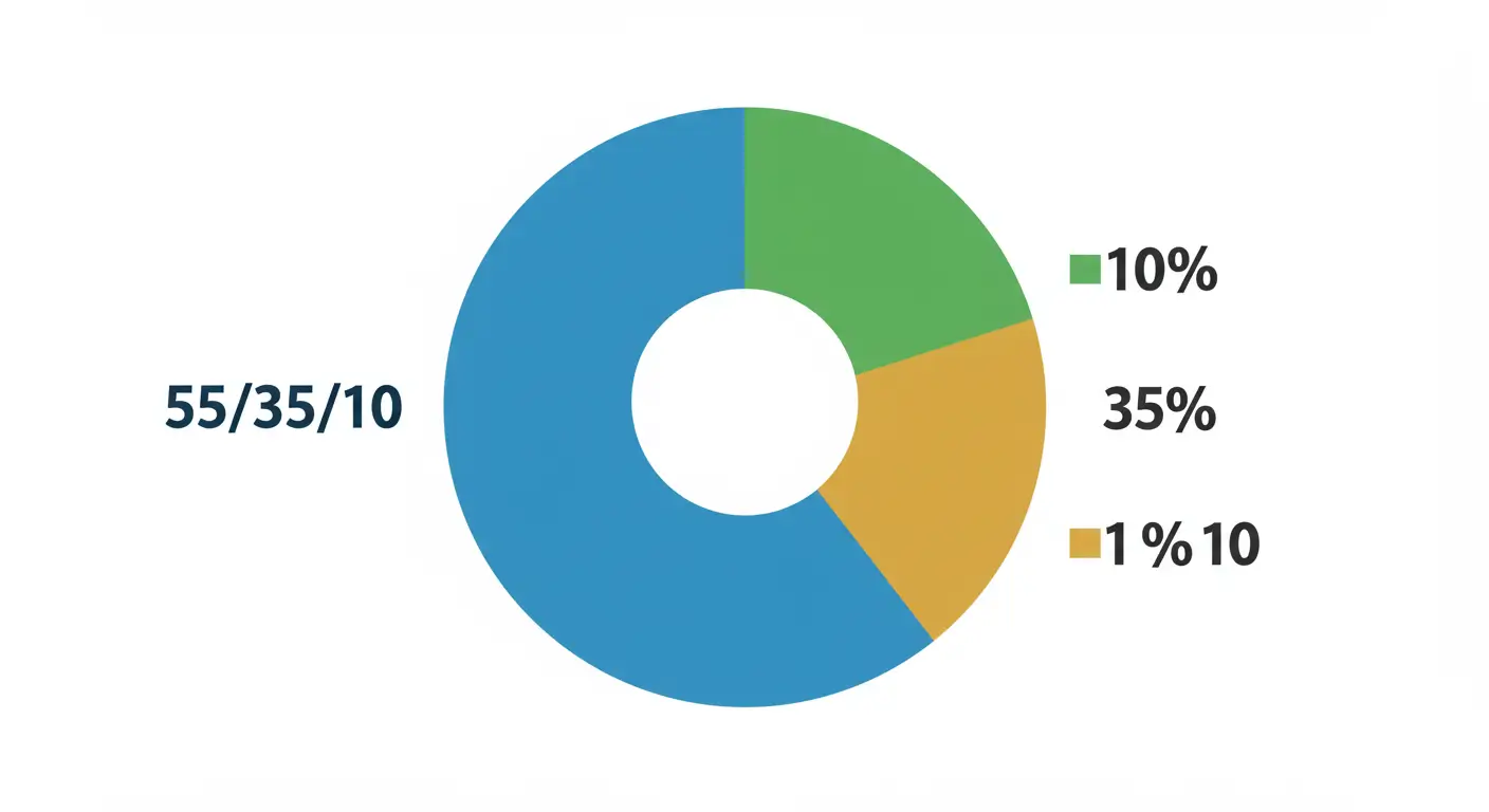 주식 55%, 채권 35%, 금 10% 비율로 구성된 자산배분 포트폴리오 예시 도넛 차트