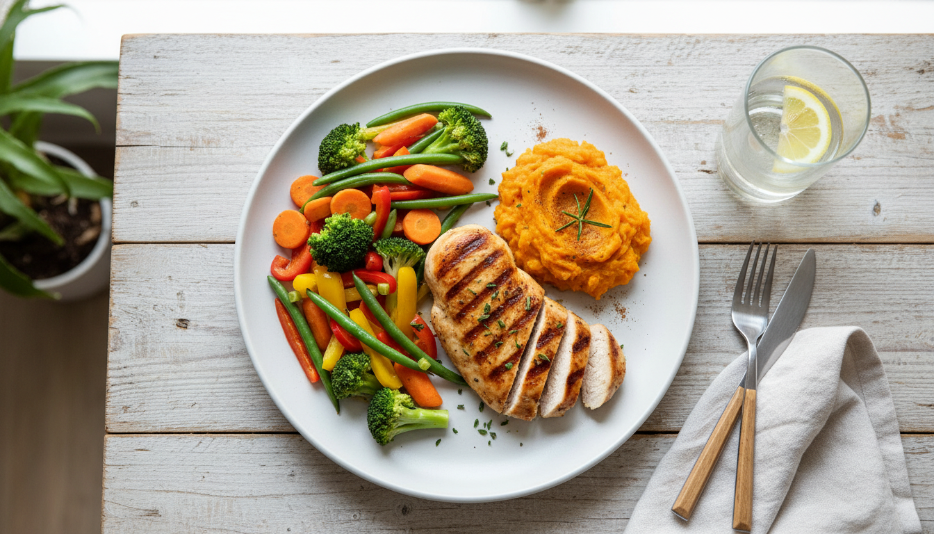 건강하고 균형 잡힌 다이어트 식단 (닭가슴살, 채소, 고구마)이 깔끔하게 차려진 모습.