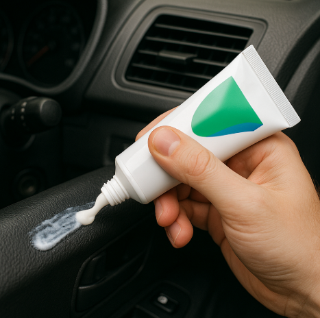 치약으로 자동차 내부 부품 플라스틱 청소하는 모습