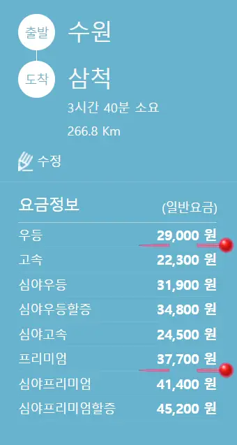 수원-삼척-까지-버스요금-정보