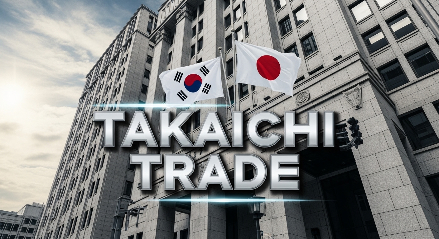 일본 도쿄 증권거래소와 한·일 국기가 어우러진 배경에 '다카이치 트레이드' 문구가 강조된 이미지
