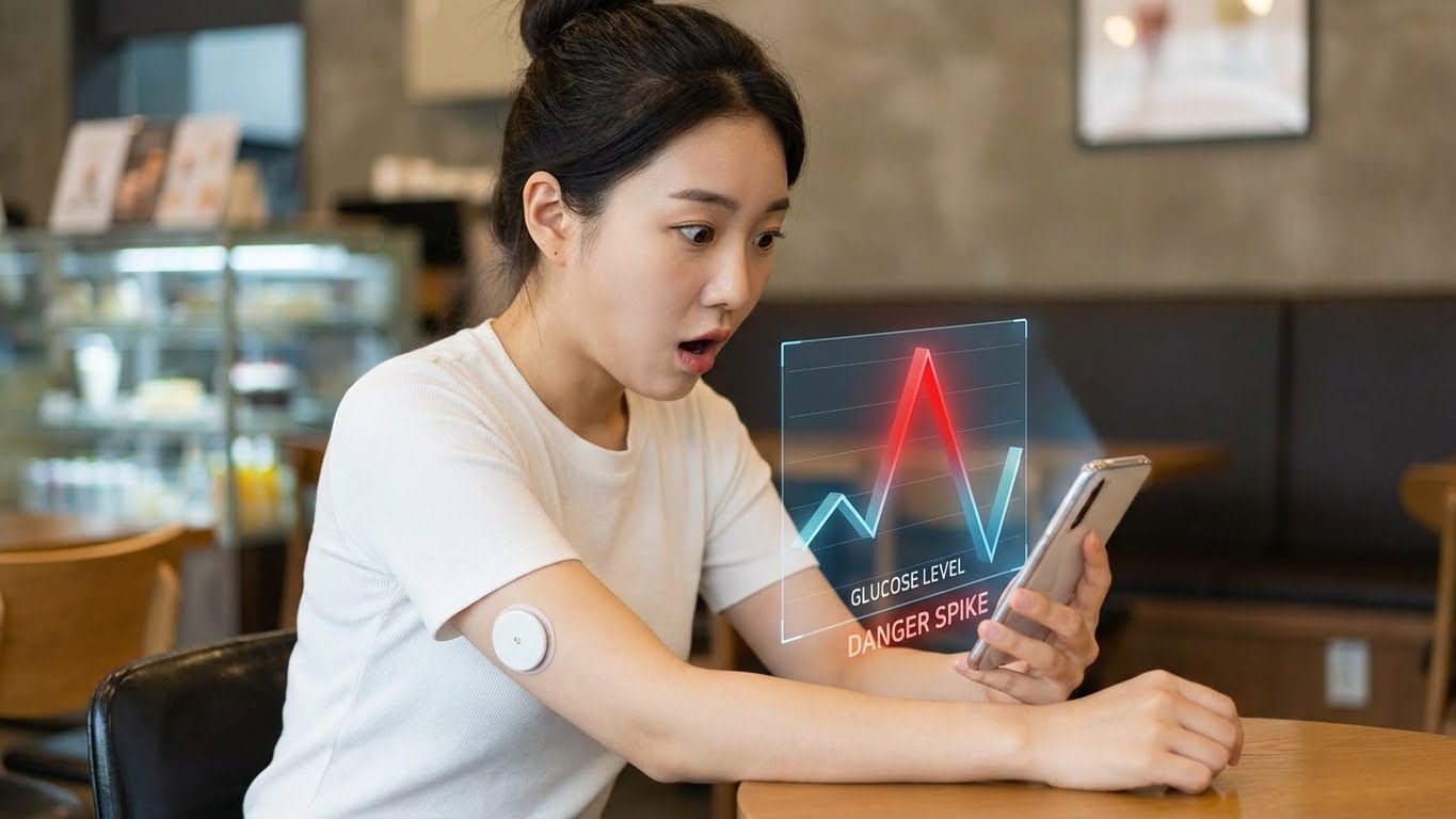 팔뚝 뒤쪽에 원형 센서(연속혈당측정기)를 부착하고 스마트폰 앱으로 그래프를 확인하며 놀라는 사진