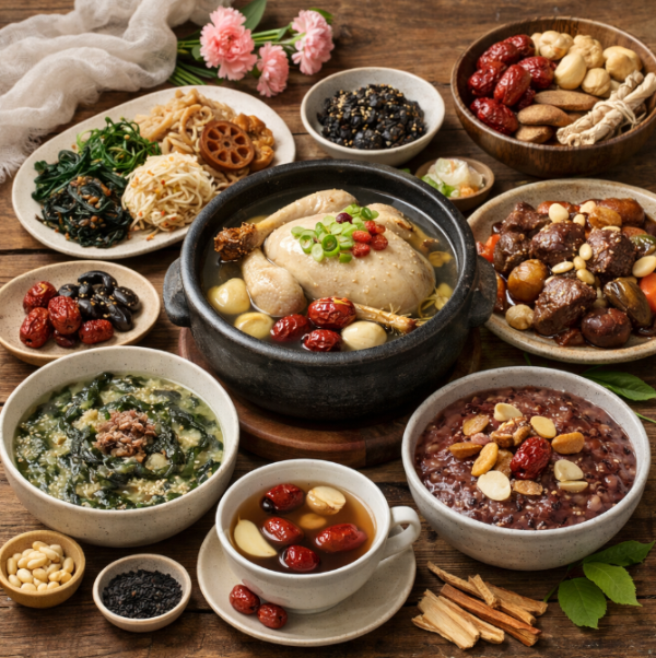 출산 후 산후 회복을 위한 음식들로 구성된 건강 식단, 삼계탕, 미역국, 한방 재료, 건강죽 등 전통적인 산후조리 음식