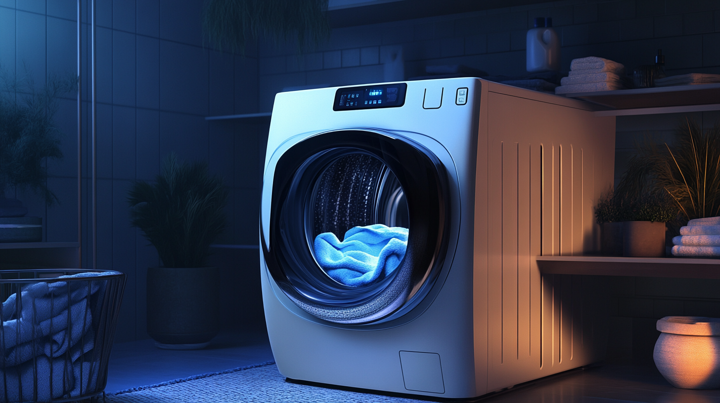 최신 AI 맞춤 세탁 기능이 탑재된 세련되고 현대적인 삼성 세탁기, 미니멀한 세탁실에 설치되어 부드러운 조명이 어우러진 모습