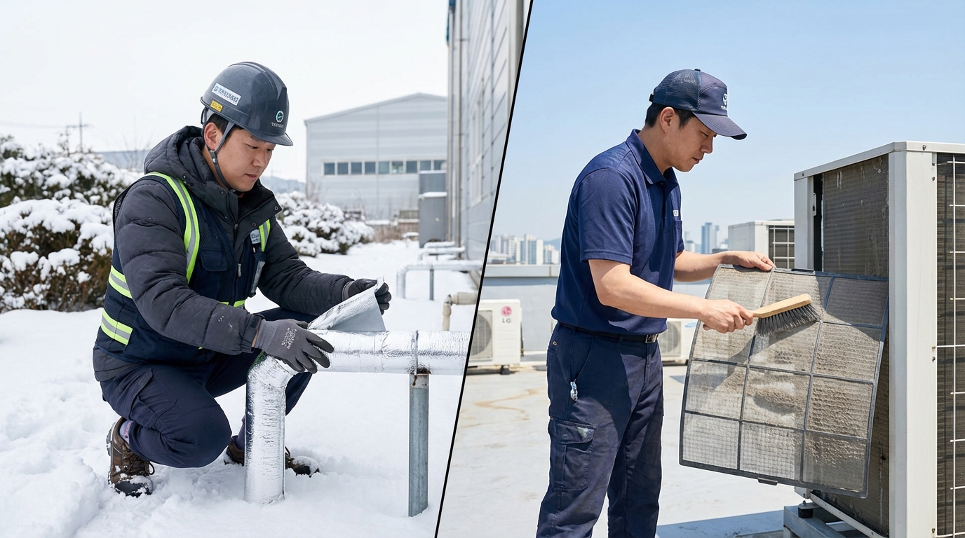 동절기 배관 보온 작업과 하절기 에어컨 필터 세척을 수행하는 시설 관리자