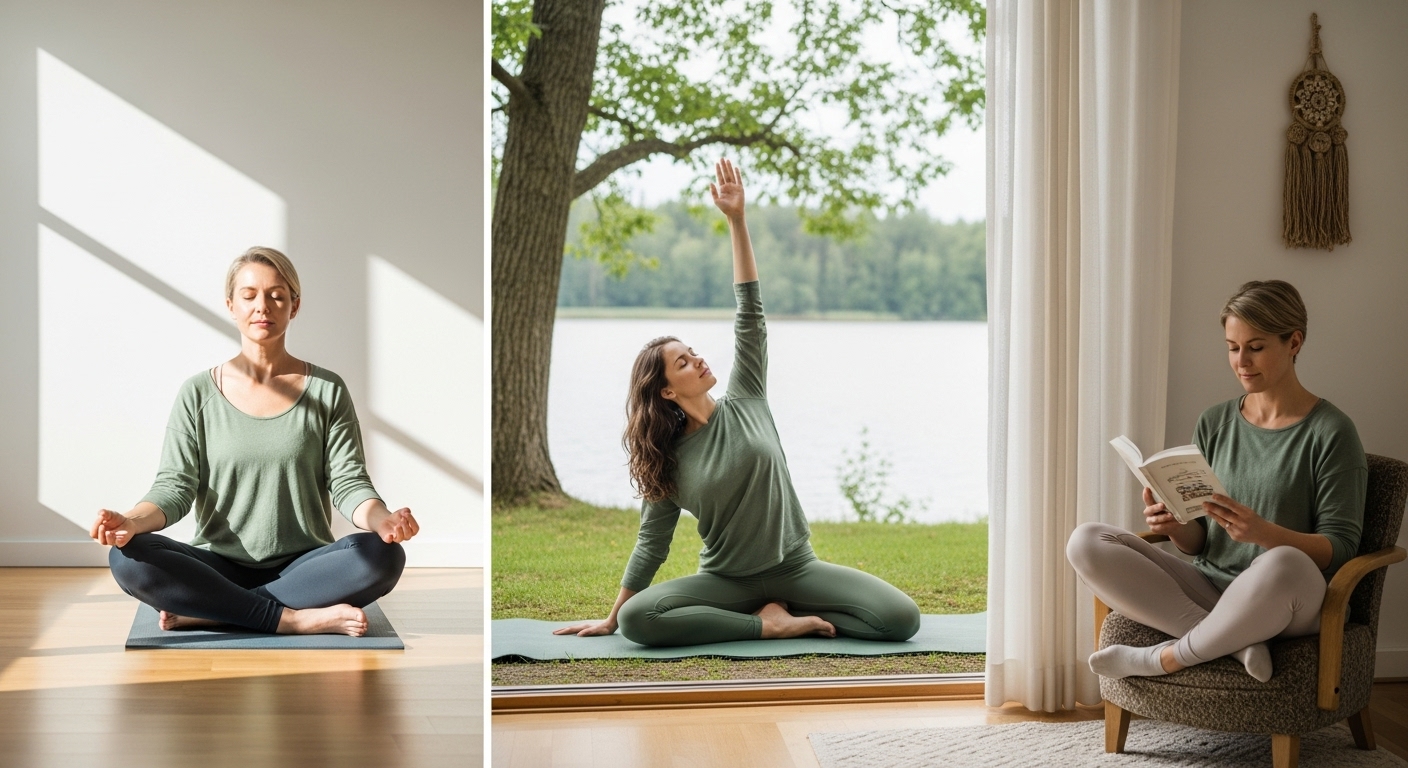 명상, 요가 등 내면의 평화와 건강한 삶을 추구하는 웰니스 라이프스타일로 전환하는 사람의 모습.