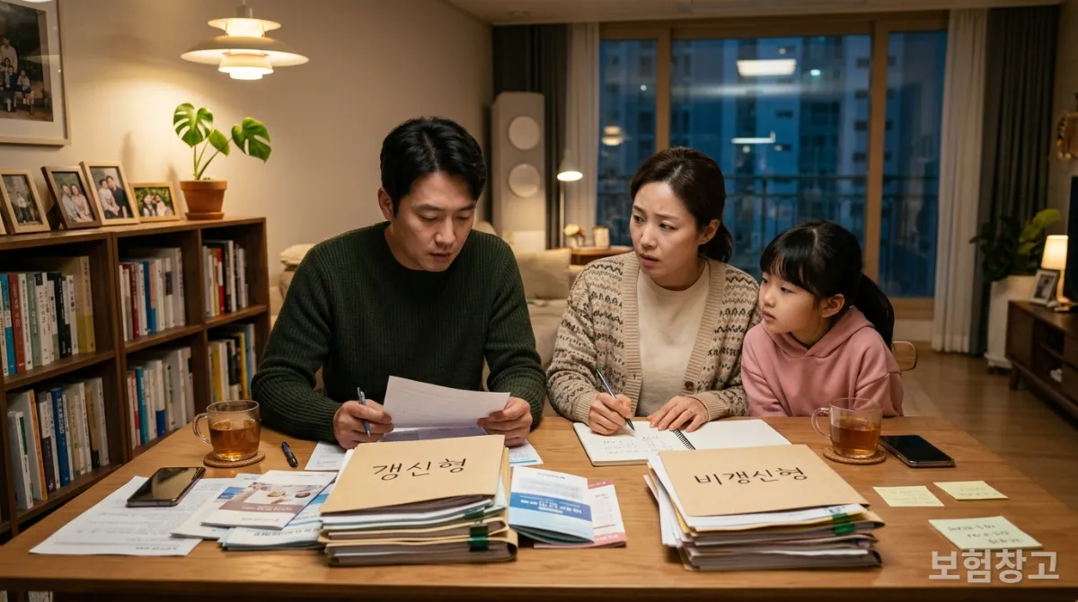 갱신형과 비갱신형 보험 서류를 비교하며 고민하는 한국인 가족