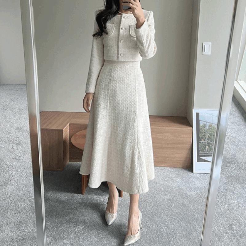 단품 세트가능 레브릿 울 트위드 투피스 스퀘어넥 자켓 플레어 a라인 롱 스커트 셋업 세트