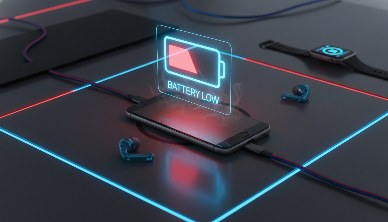 iOS 26.4.2 업데이트 후 발열과 배터리 부족 상태를 겪는 아이폰의 모습을 나타낸 일러스트 이미지