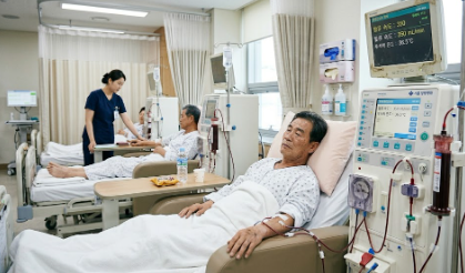 인공신장실에서 혈액투석을 받고 있는 환자의 모습