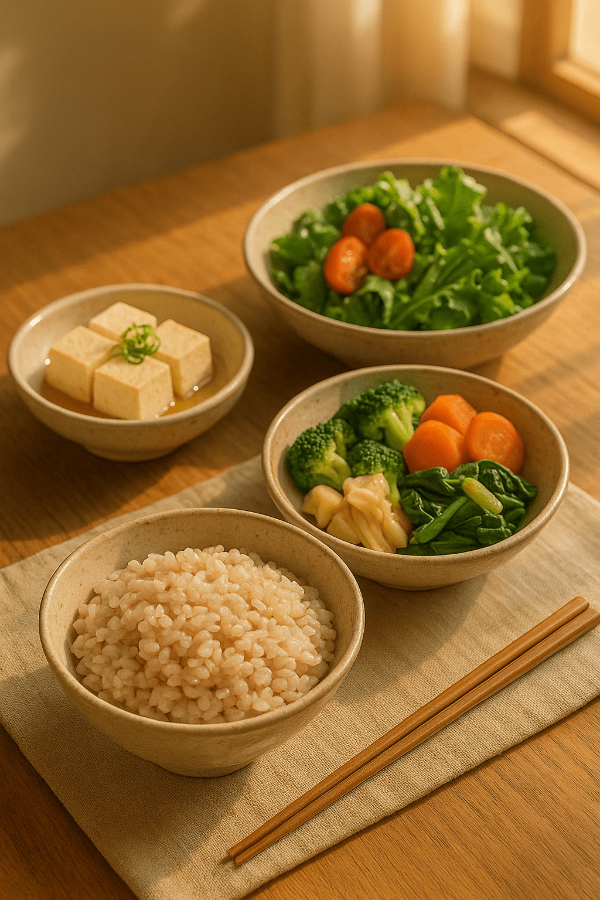 귀리밥과 채소, 두부가 함께 차려진 건강한 노인 식단 식탁