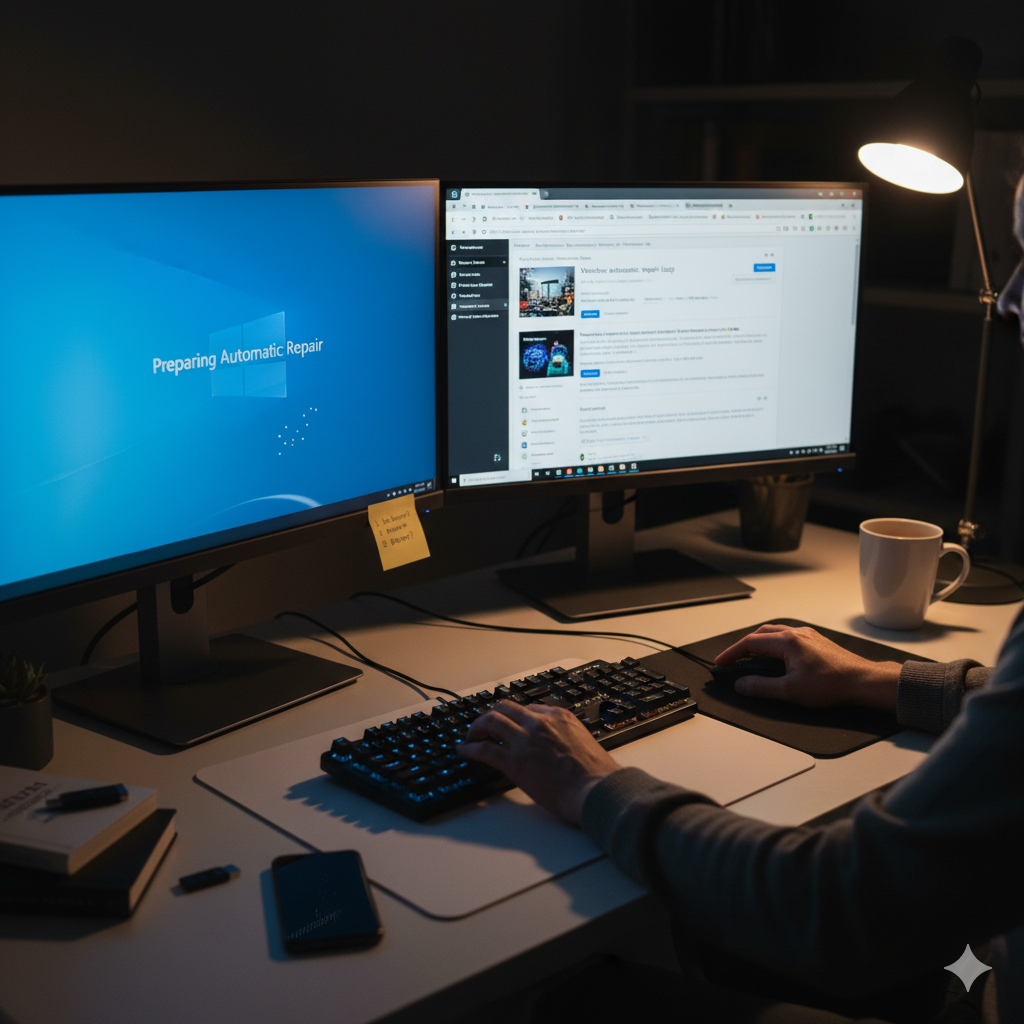 윈도우 '자동 복구 준비 중' 오류 화면과 해결책을 찾는 모습