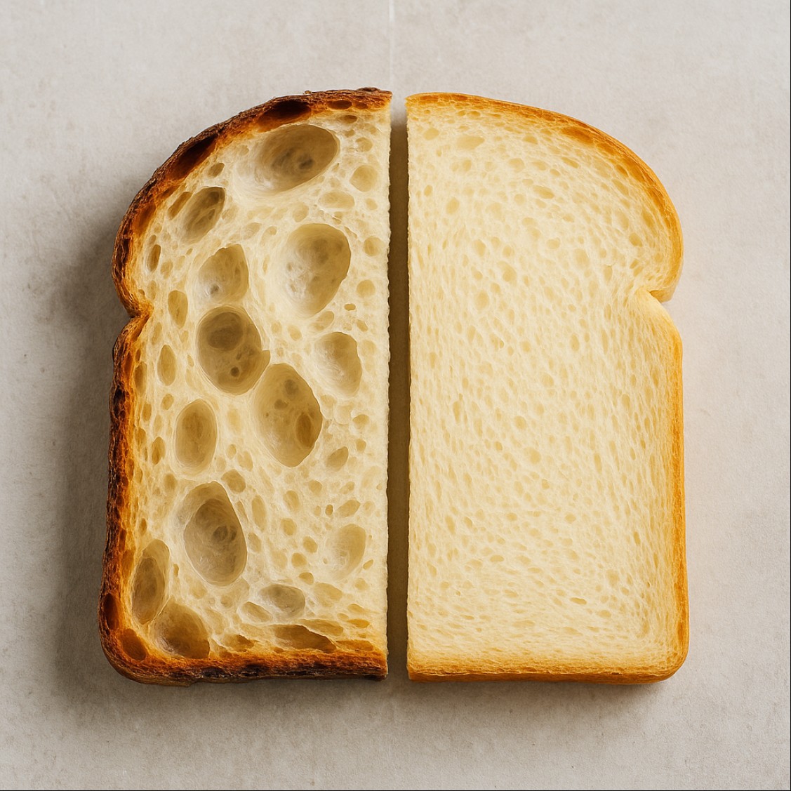 천연발효빵과 이스트빵 단면 비교로 본 발효 구조와 기공 차이