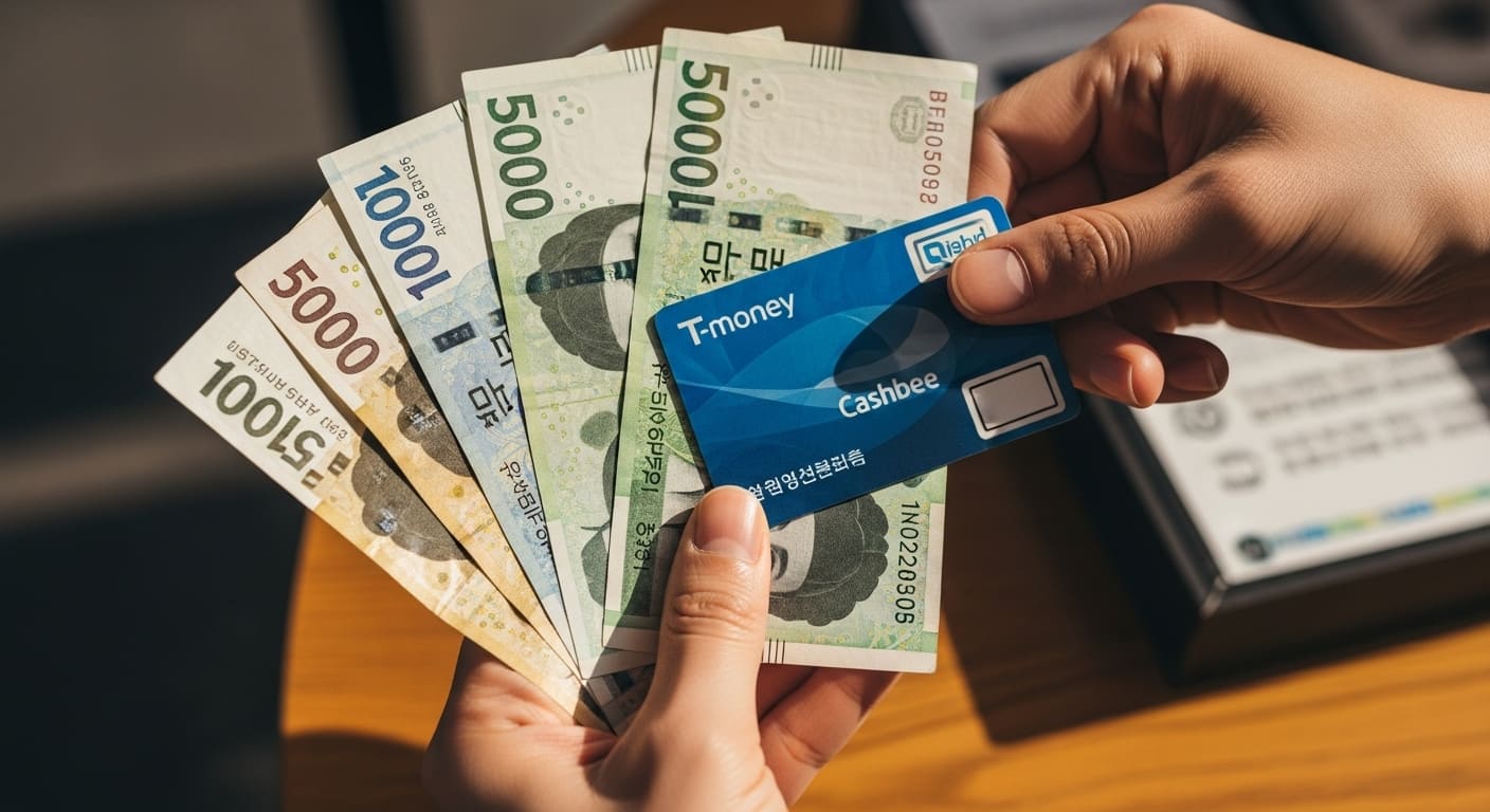 두 장의 티머니 카드 사이에서 잔액을 교환하는 모습